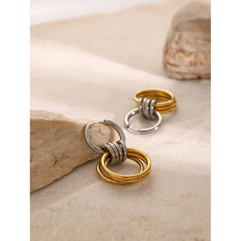 18K Gold Stainless Steel Earrings Color Block Smooth Steel Color Hoop With Three Gold Rings Titanium Steel Earrings