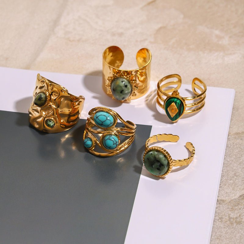 European American Stainless Steel Natural Stone Turquoise Ring Premium Niche Finger Ring Titanium Steel Jewelry Cross Border Ring