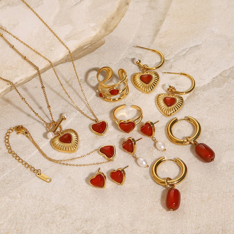 18K Gold Plated Stainless Steel Red Agate Heart Necklace Earrings Ring Set High-End Dainty Pendant INS Style Cross-Border Jewelry for Women