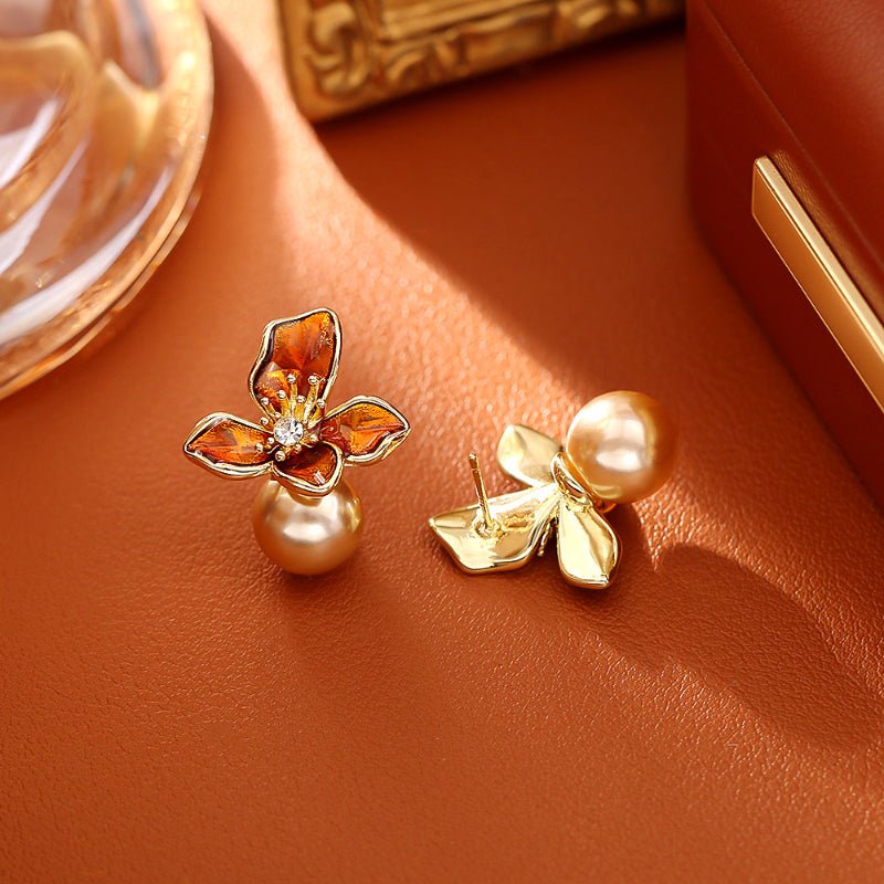 Maillard Retro Style Brown Flower Pearl Stud Earrings Simple Fashion Premium Sense Autumn Winter Earrings Women Niche Jewelry