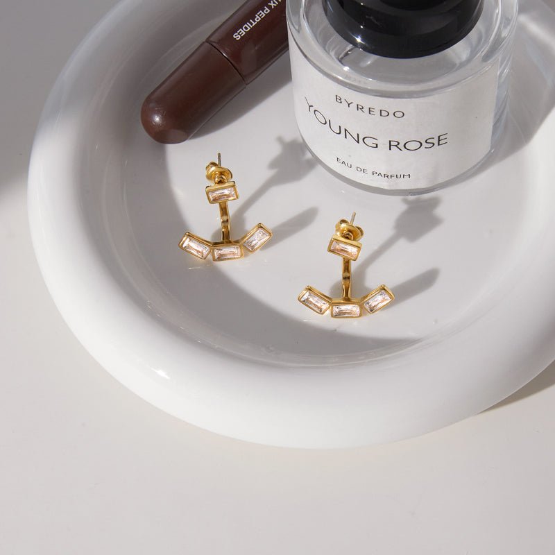 Cross Border Stainless Steel Front Back Zircon Earrings Light Luxury High Grade Minimalist Stud Earrings Titanium Steel Earrings European American Jewelry