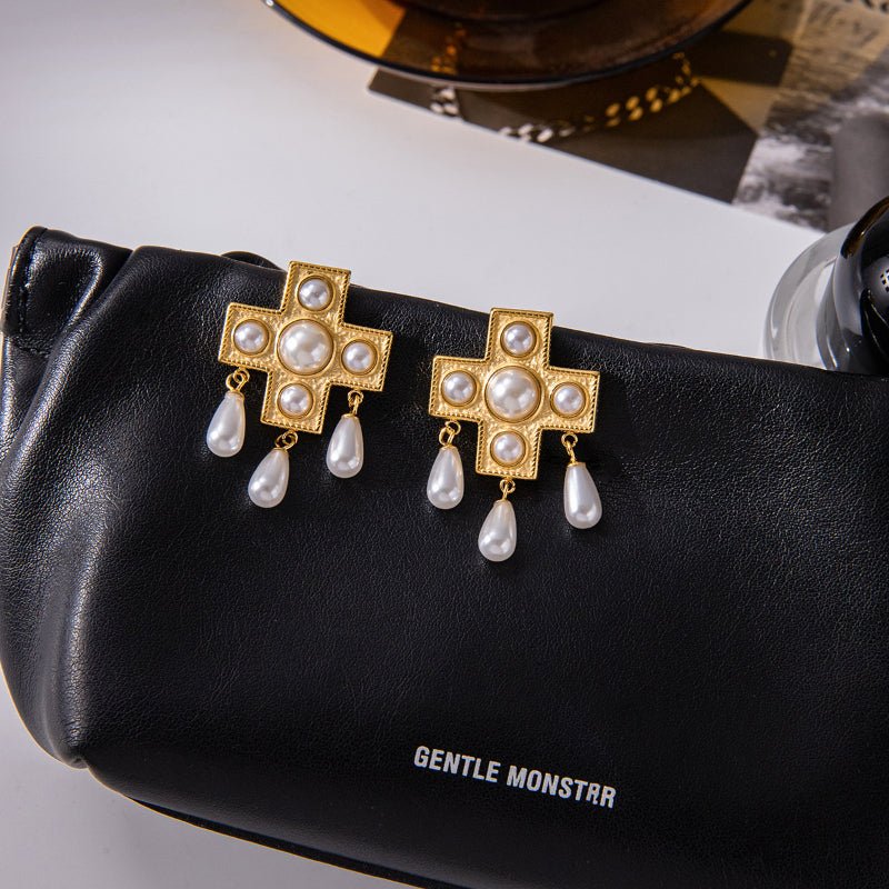 Cross Titanium Steel Faux Pearl Stud Earrings Niche Premium Earrings Non Fading Women Jewelry Stainless Steel Cross Border