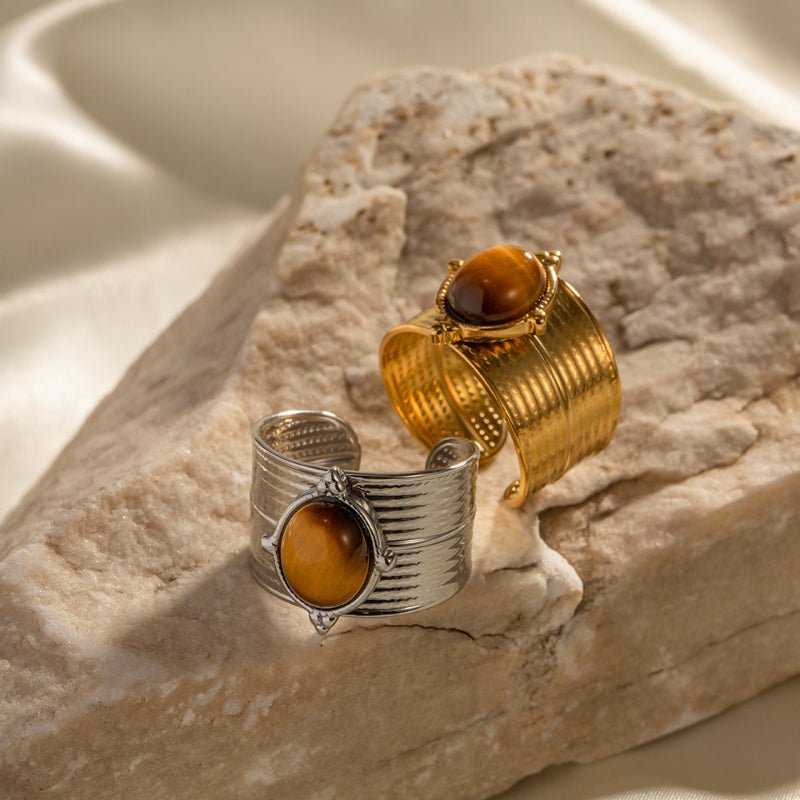 New 18K Gold Natural Stone Tiger Eye Wide Open Ring Stainless Steel Vintage High Quality Women Jewelry Ring