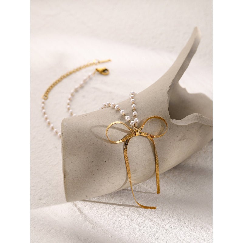 INS Style 18K Gold Stainless Steel Faux Pearl Bow Necklace Hot Selling Independent Station Premium Butterfly Necklace
