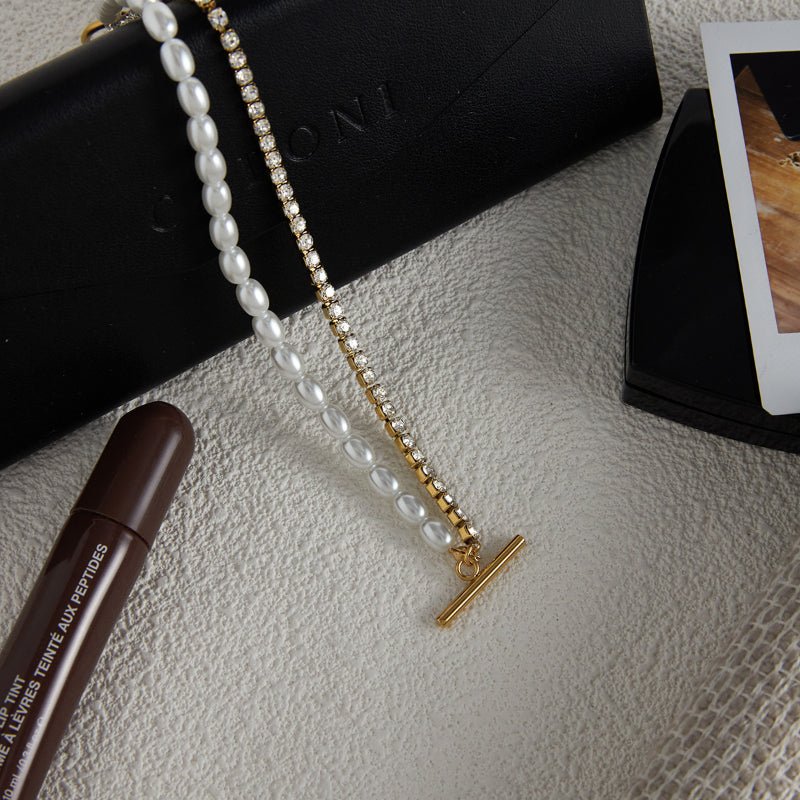 European American Stainless Steel Faux Pearl Bead Chain Double Layer OT Clasp Bracelet Light Luxury Titanium Steel Jewelry Premium