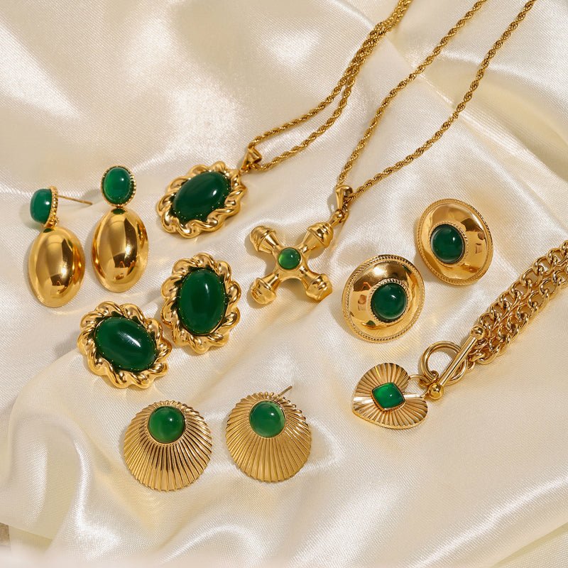 European American Stainless Steel Emerald Natural Stone Pendant Necklace Premium Vintage Stud Earrings Titanium Steel Jewelry Cross Border