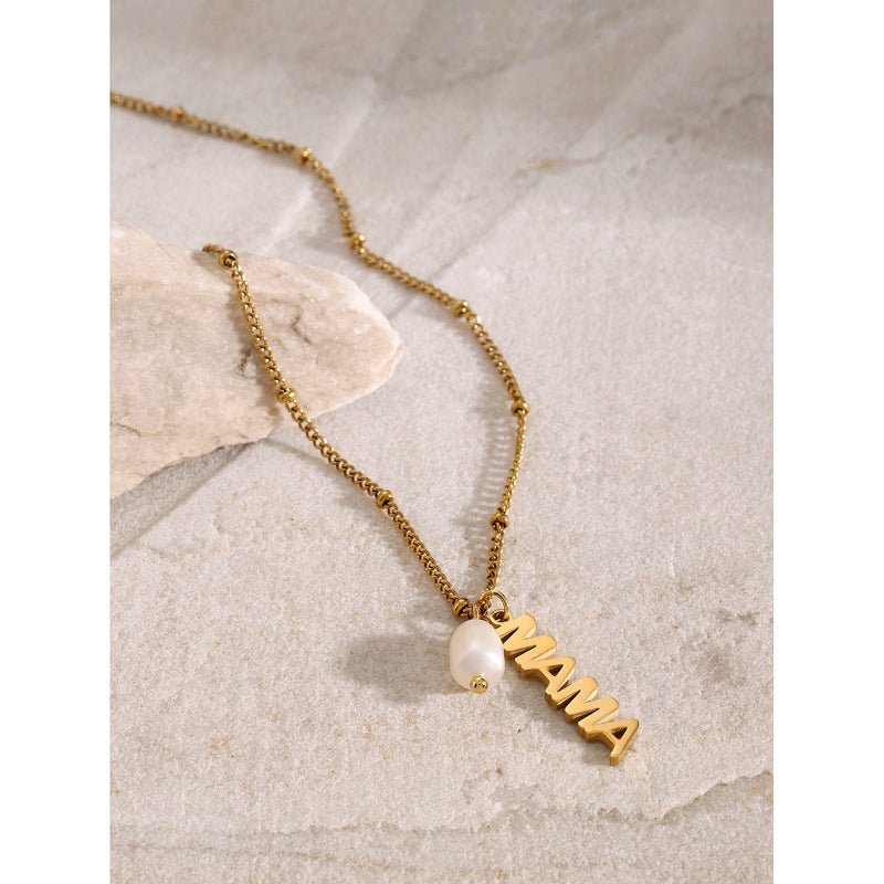18K Gold Plated Stainless Steel MAMA Letter Pendant Freshwater Pearl Necklace 40+5cm For Mother's Day