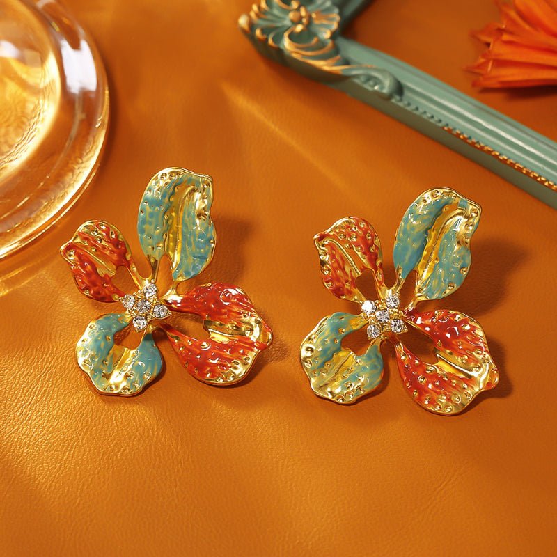 Vintage Mid Century Modern Big Flower Stud Earrings Retro Court Style Luxury Oil Painting Earrings For Women