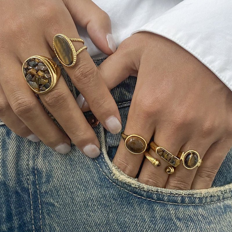 European American Stainless Steel Tiger Eye Stone Ring Premium Natural Stone Finger Ring Titanium Steel Jewelry Cross Border Rings