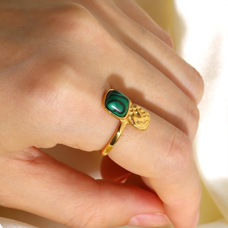 Premium 18K Gold Plated Green Natural Stone Open Ring For Women INS Minimalist Retro Finger Ring Stainless Steel Non Fading