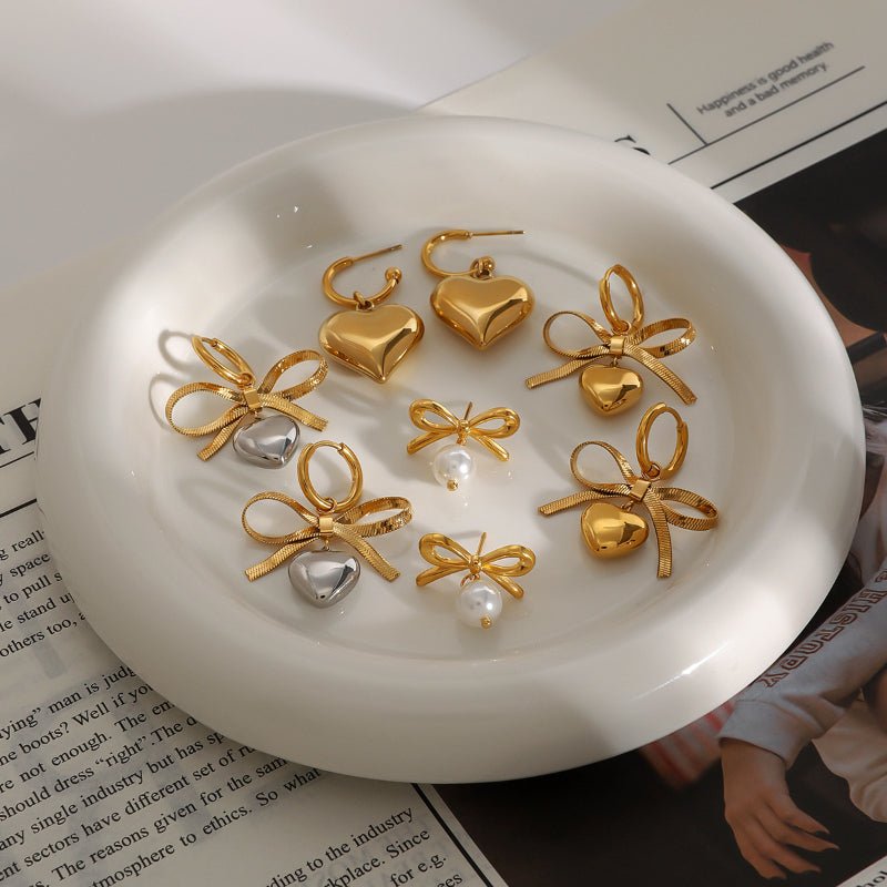 European and American Style Stainless Steel Valentine's Day Bow Earrings High Sense Zircon Heart Earrings Titanium Steel Ear Jewelry Cross Border