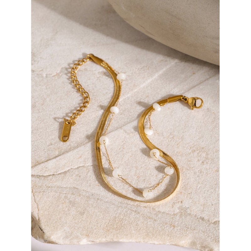 18K Gold Plated Stainless Steel Blade Chain Flat Snake Chain Round Shell Bead Anklet INS Influencer Fashion Anklet