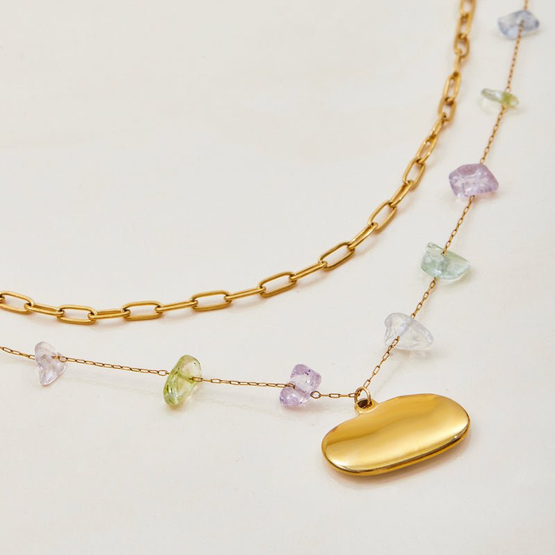 European American Color Natural Stone Titanium Steel Multi Layer Stackable Necklace Women Summer Stainless Steel Jewelry Premium Sense Cross Border