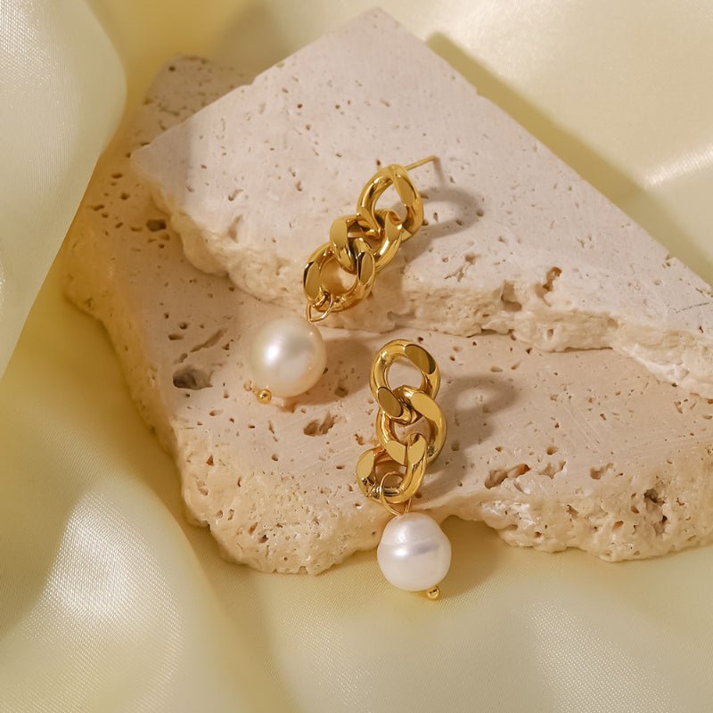 New 18K Gold Plated Baroque Pearl Dangle Earrings Geometric Stainless Steel Cuban Chain Freshwater Pearl Earrings For Women