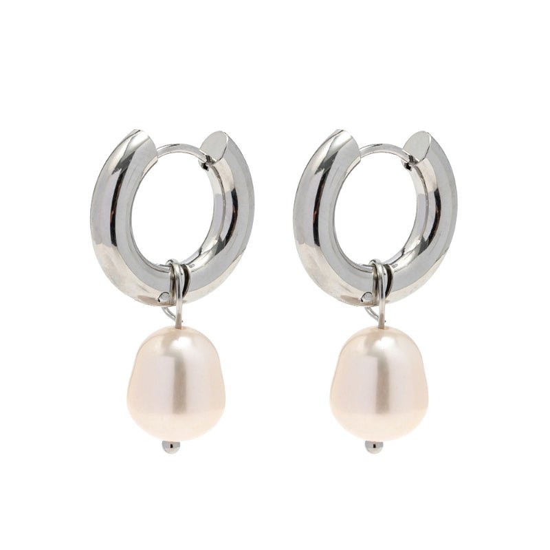 European American Fashion INS Style Stainless Steel Earrings Natural Freshwater Pearl Pendant Hoop Earrings For Women