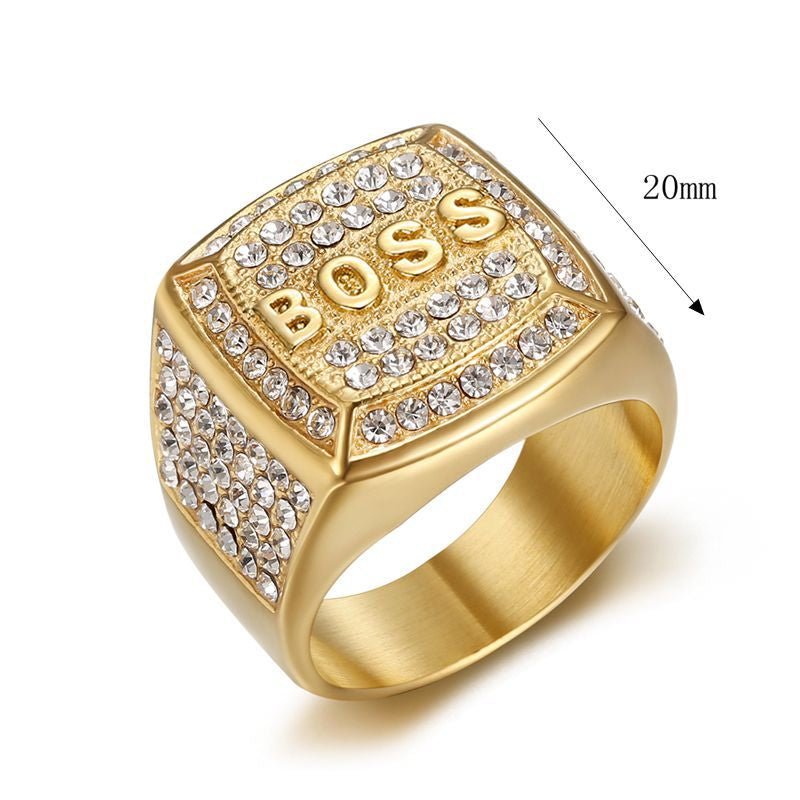European and American New Hiphop HIPHOP Finger Ring Titanium Steel Vacuum Plated Rhinestone Square BOSS Letter Men Ring