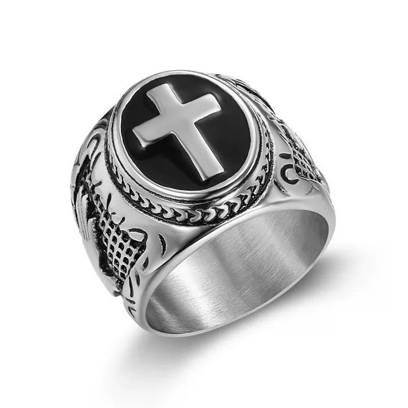 Cross Border New Hip Hop HIPHOP Jewelry Titanium Steel Color Retention Vacuum Gold Plated Hand of God Men Ring