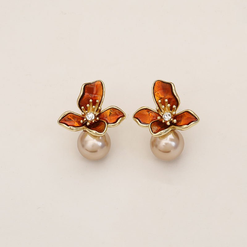 Maillard Retro Style Brown Flower Pearl Stud Earrings Simple Fashion Premium Sense Autumn Winter Earrings Women Niche Jewelry