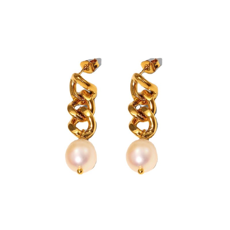 New 18K Gold Plated Baroque Pearl Dangle Earrings Geometric Stainless Steel Cuban Chain Freshwater Pearl Earrings For Women