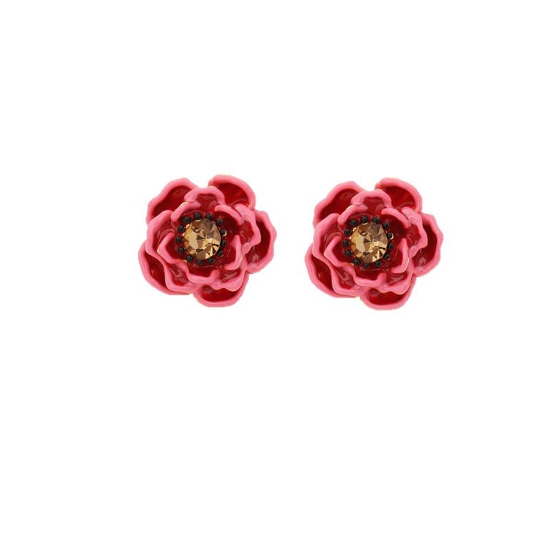 Luxury Red Flower Zircon Stud Earrings Sterling Silver Needle Stereo Design Elegant Fashion Earrings For Women