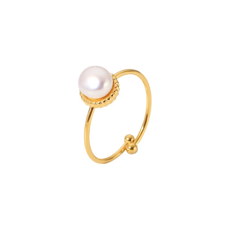 Fashion Internet Celebrity Same Style Ring 18K Gold Plated Stainless Steel Adjustable Freshwater Pearl Bread Bead Delicate Ring