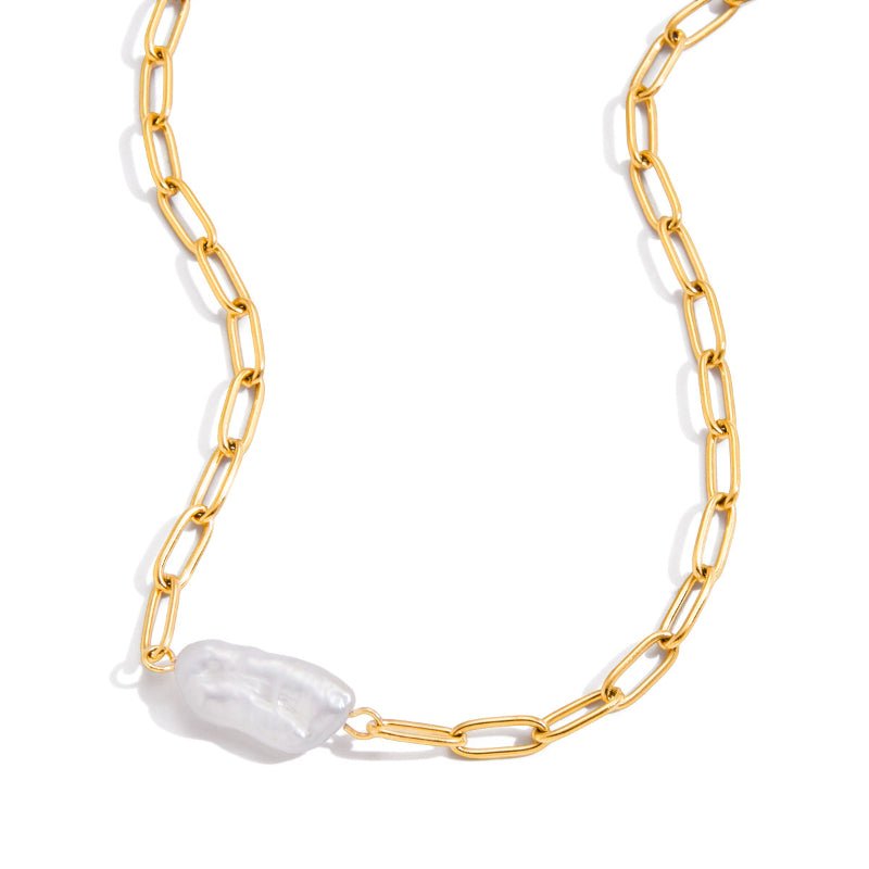 Paperclip Freshwater Pearl Necklace Light Luxury Clavicle Chain Stainless Steel Zircon Cross Border Jewelry