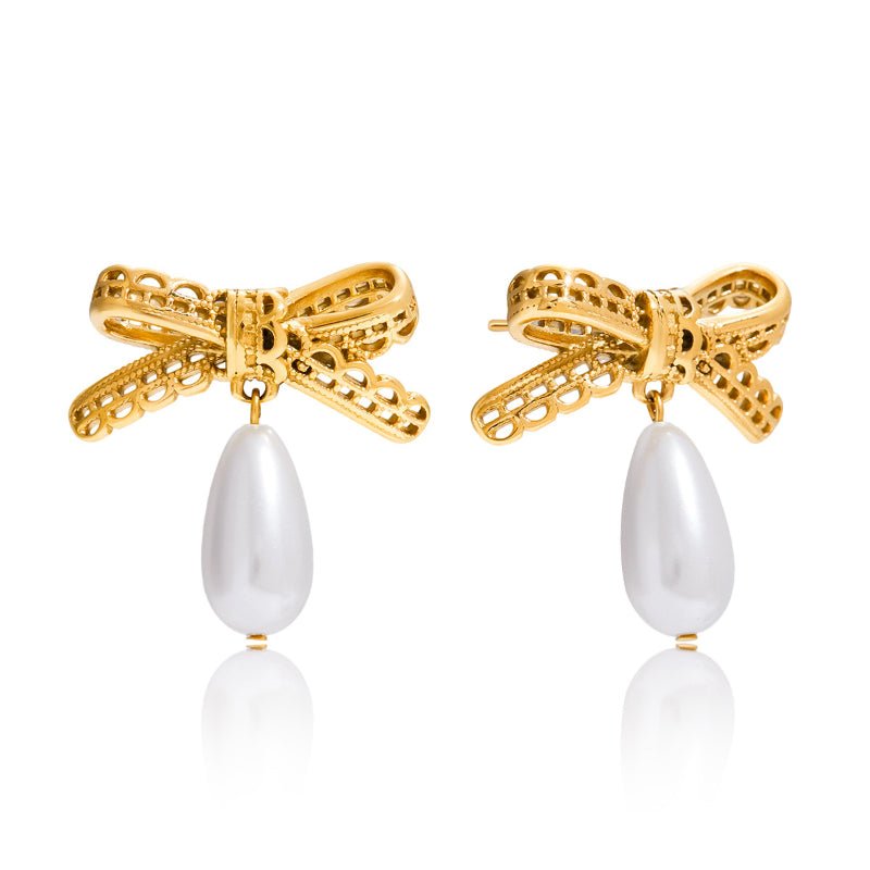 Lace Bow Titanium Steel Faux Pearl Stud Earrings Light Luxury Premium Earrings Stainless Steel Women Jewelry Cross Border