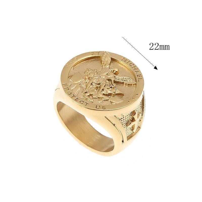 European and American Cross Border New Hip Hop Hiphop Finger Ring Titanium Steel Gold Plated Big Angel Saint Claire Exorcism Men Ring