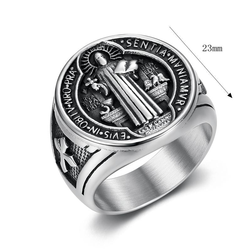 Amazon Hot Selling New Arrival Hip Hop Titanium Steel Jewelry Saint Benedict Exorcism Medal Stainless Steel Gold Plated Men Ring