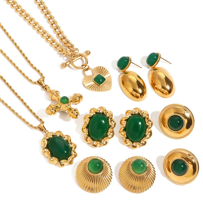 European American Stainless Steel Emerald Natural Stone Pendant Necklace Premium Vintage Stud Earrings Titanium Steel Jewelry Cross Border