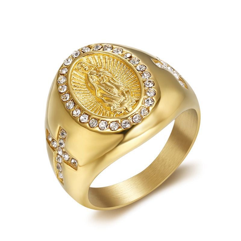 European and American Cross-border New Hiphop HIPHOP Jewelry Titanium Steel Gold Plated Zircon Virgin Mary Men Ring