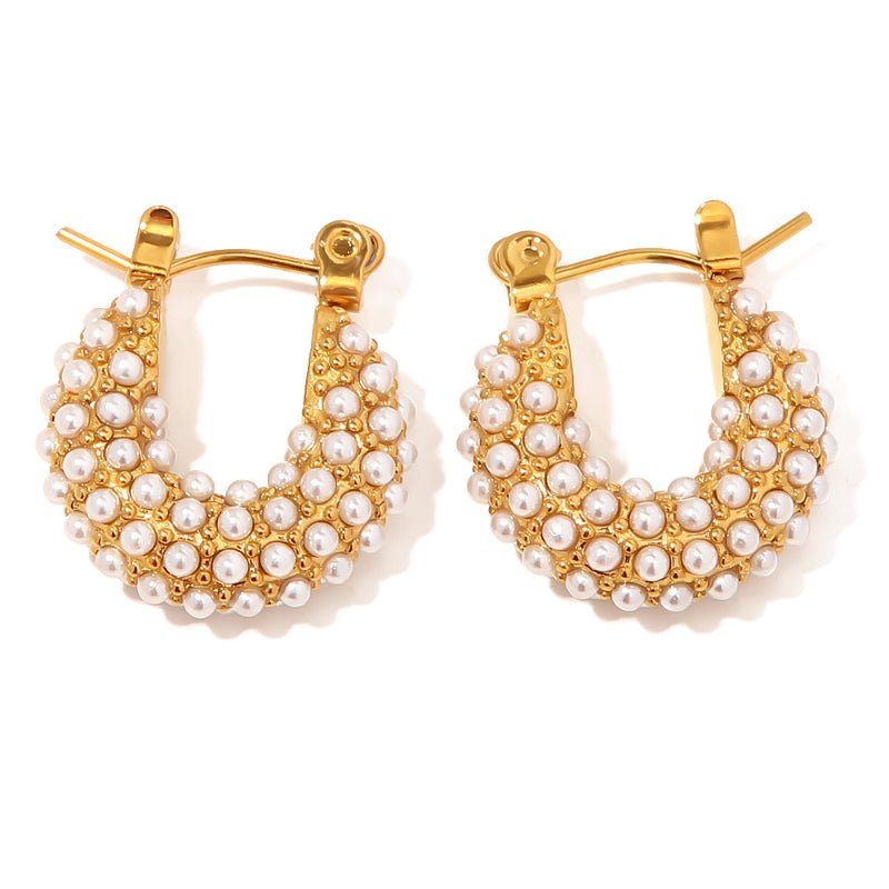 French New Fashion Versatile Earrings 18K Gold Plated Stainless Steel Inlaid White Freshwater Pearl Hoop Earrings