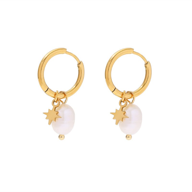INS Style 18K Gold Plated Natural Freshwater Pearl Star Pendant Earrings For Women Fashion Versatile Stainless Steel Hoop Earrings