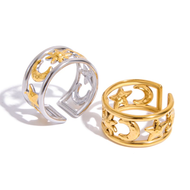 Moon Star Color Block Titanium Steel Ring for Women | Waterproof Non-Fading Hypoallergenic Stainless Steel Fashion Jewelry