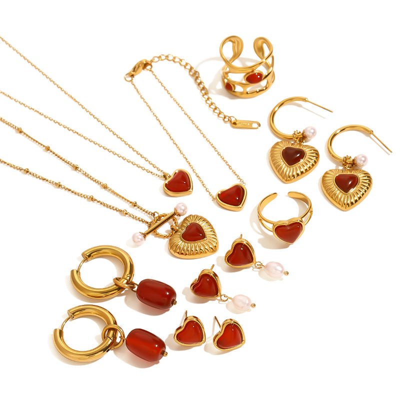 18K Gold Plated Stainless Steel Red Agate Heart Necklace Earrings Ring Set High-End Dainty Pendant INS Style Cross-Border Jewelry for Women