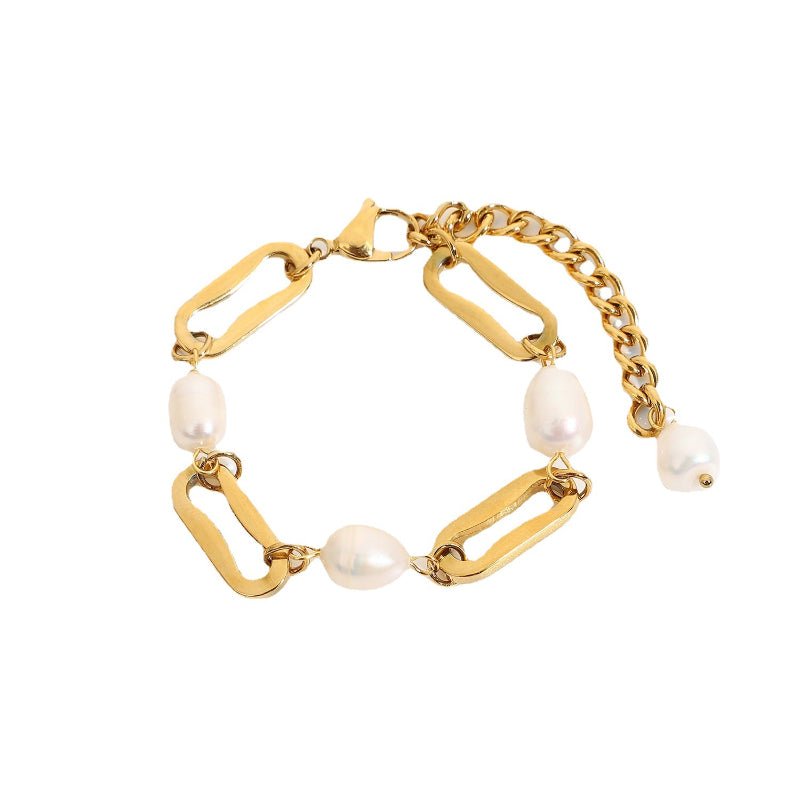 INS Internet Celebrity Same Style 18K Gold Plated Stainless Steel Baroque Freshwater Pearl Bracelet Rectangle Chain Interval Pearl