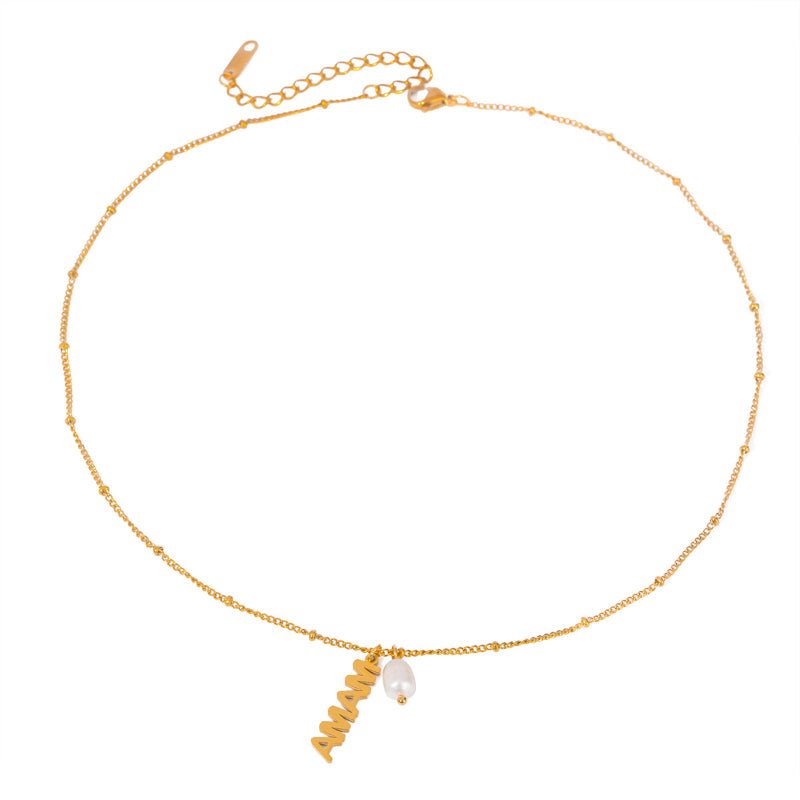 18K Gold Plated Stainless Steel MAMA Letter Pendant Freshwater Pearl Necklace 40+5cm For Mother's Day