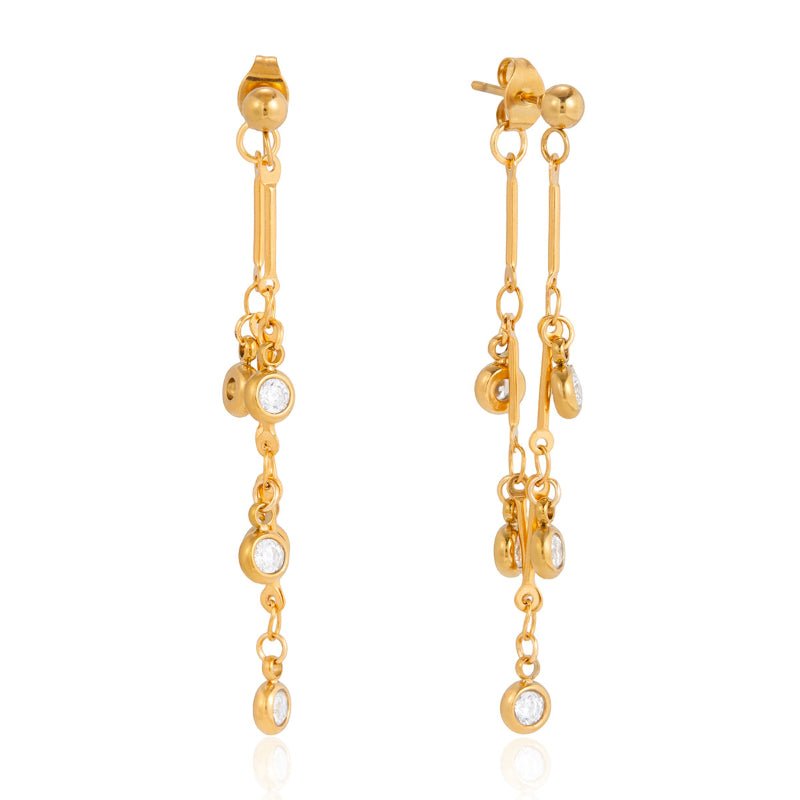 European American Stainless Steel Zircon Chain Tassel Earrings Light Luxury High Grade Ear Cuffs Titanium Steel Cross Border Jewelry