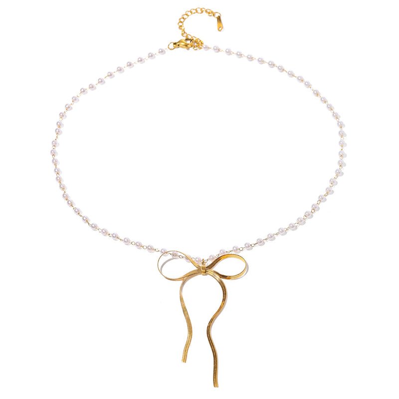 INS Style 18K Gold Stainless Steel Faux Pearl Bow Necklace Hot Selling Independent Station Premium Butterfly Necklace