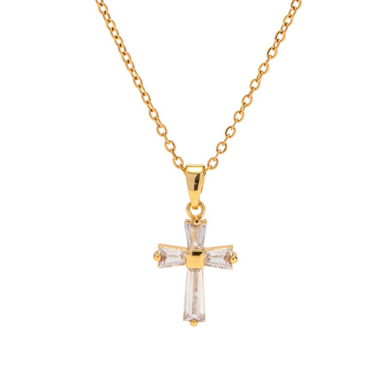European American Stainless Steel Cross Pendant Necklace Zircon Natural Stone Clavicle Chain Tarnish-Free Titanium Steel Neck Jewelry for Women