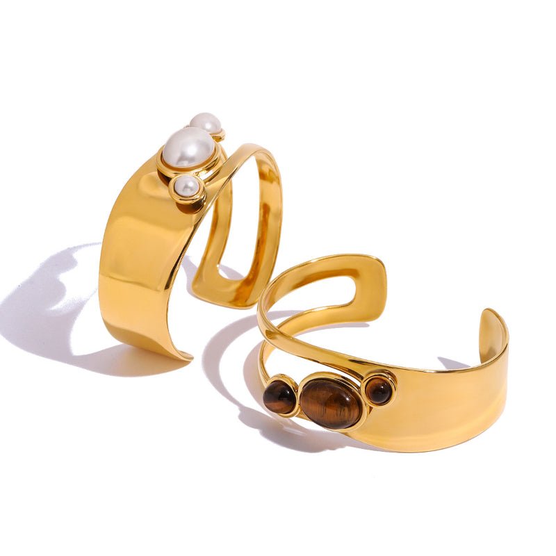 European American Stainless Steel Hollow Pearl Bracelet High Version Natural Stone Open Bangle Titanium Steel Jewelry Cross Border