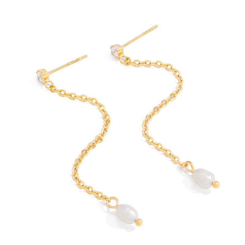 European American Stainless Steel Zircon Freshwater Pearl Tassel Earrings Light Luxury Premium Stud Earrings Titanium Steel Cross Border Jewelry