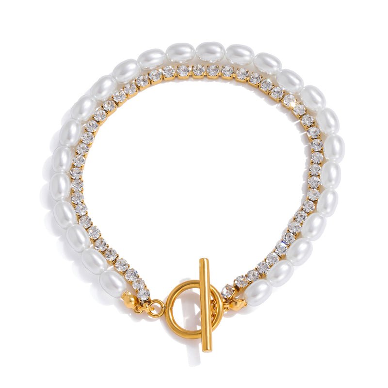 European American Stainless Steel Faux Pearl Bead Chain Double Layer OT Clasp Bracelet Light Luxury Titanium Steel Jewelry Premium