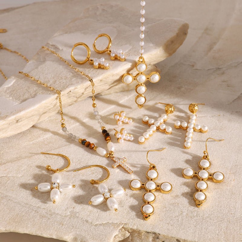 European American Stainless Steel Cross Pendant Necklace Zircon Natural Stone Clavicle Chain Tarnish-Free Titanium Steel Neck Jewelry for Women