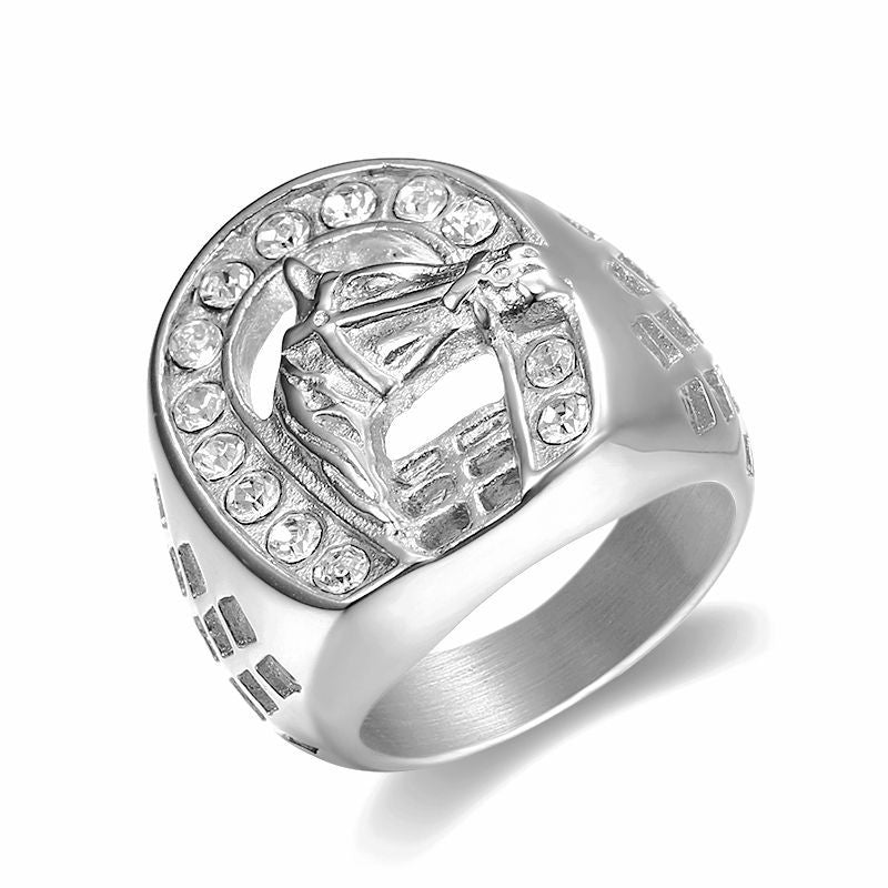European and American Cross-border New Hip Hop HIPHOP Jewelry Titanium Steel Gold Plated Zircon Horse Head Men Ring