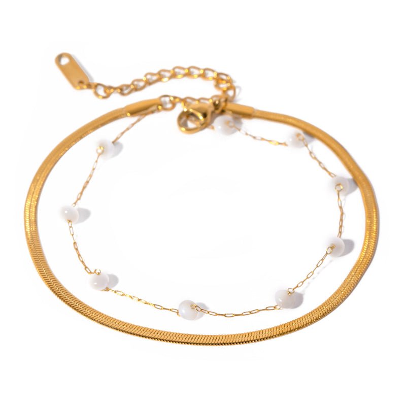 18K Gold Plated Stainless Steel Blade Chain Flat Snake Chain Round Shell Bead Anklet INS Influencer Fashion Anklet