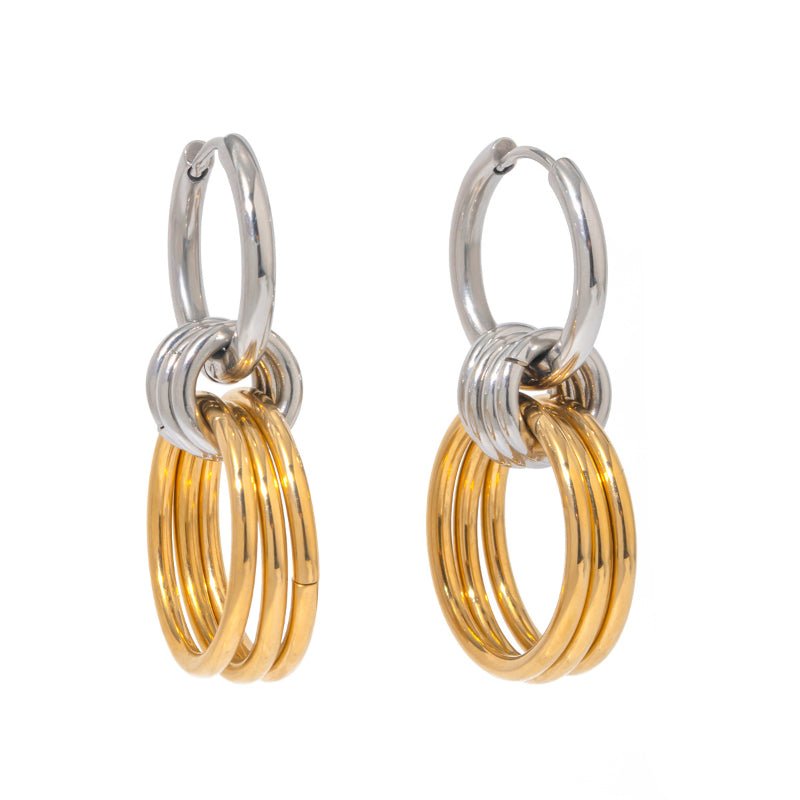 18K Gold Stainless Steel Earrings Color Block Smooth Steel Color Hoop With Three Gold Rings Titanium Steel Earrings