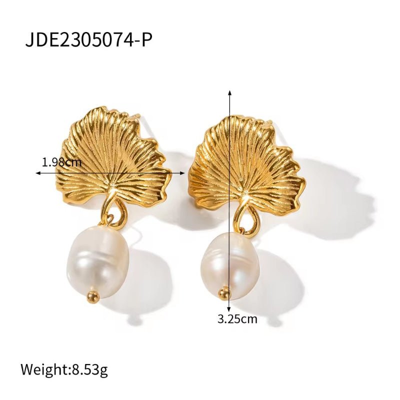 INS 18K Gold Stainless Steel Freshwater Pearl Ginkgo Leaf Pendant Earrings European American Internet Celebrity Same Style Titanium Steel Pearl Earrings