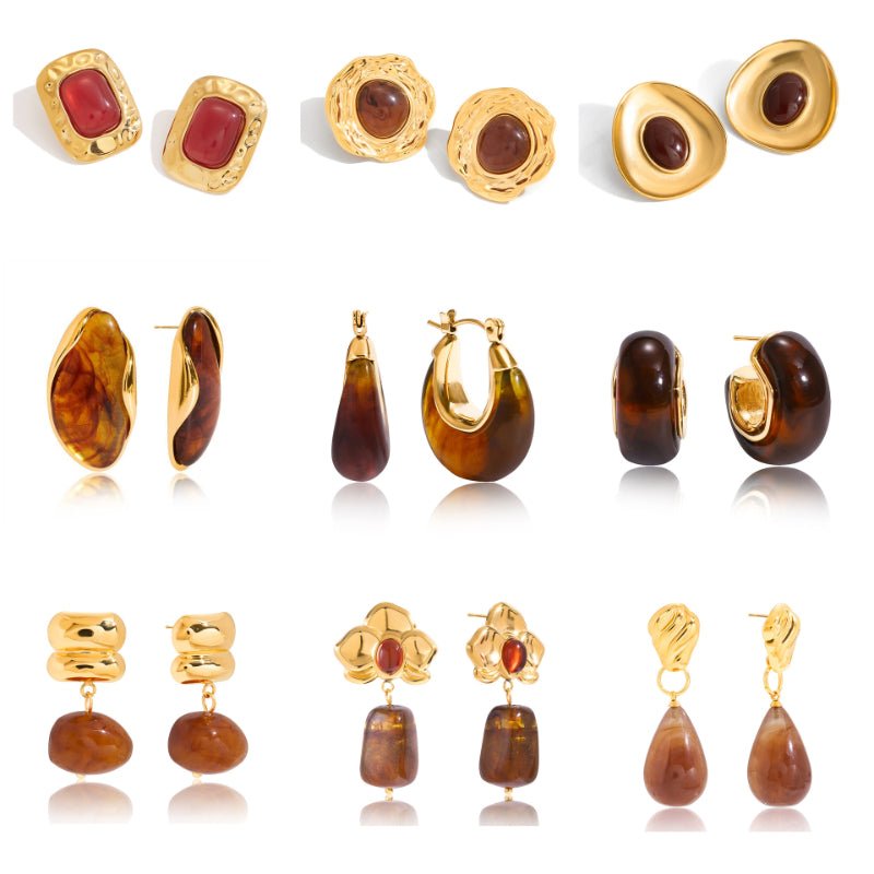 European American Stainless Steel Amber Resin Earrings Light Luxury High-End Tarnish-Free Stud Earrings Women's Ear Jewelry