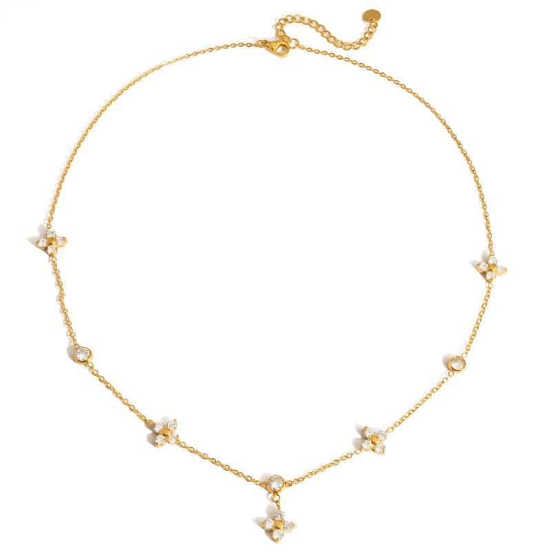 18K Gold Plated Titanium Steel Zircon Clover Necklace Niche Design Tarnish-Free Cross-Border Neck Jewelry for Women